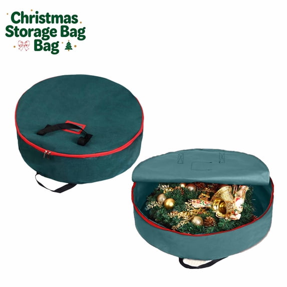 24 inch Christmas Wreath Storage Bag, Heavy Duty Organizer with Durable Handles, Dustproof Oxford Cloth, Foldable Round Wreaths Storage Container for Holiday Christmas Decorations, Green