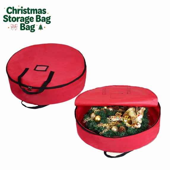 24 inch Christmas Wreath Storage Bag, Heavy Duty Organizer with Durable Handles, Dustproof Oxford Cloth, Foldable Round Wreaths Storage Container for Holiday Christmas Decorations, Red