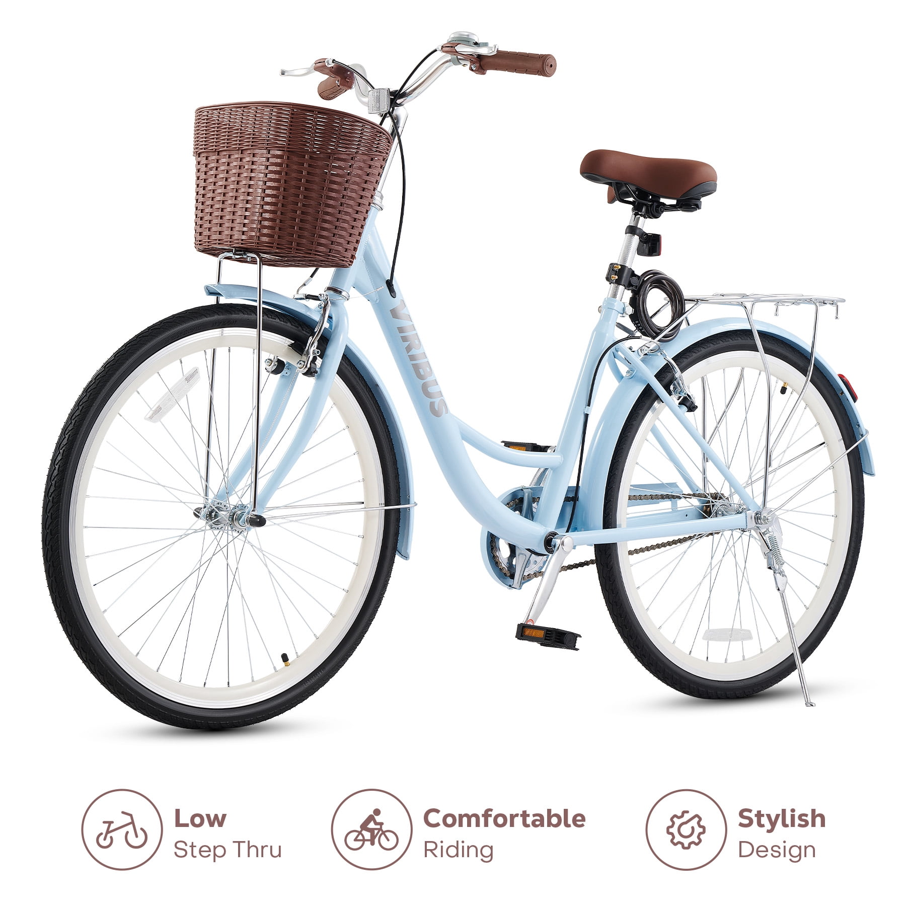 Viribus 24 inch City Cruiser Bicycle with Carbon Steel Frame Dual V Brakes Basket,Commute Bike for Women Adults,Blue