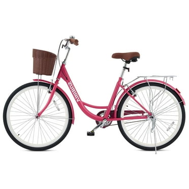 24 inch City Cruiser Bicycle with Carbon Steel Frame Dual V Brakes Basket,Commute Bike for Women Adults,Pink