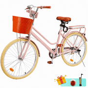 24 inch Commuter Bicycle for Adult Men and Women High-Carbon Steel Beach Cruiser Bike/Front&Rear Fenders, Comfortable City Bikes with Basket and Rear Rack