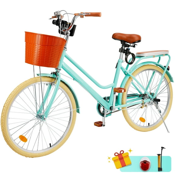 24 inch Commuter Bicycle for Adult Men and Women，High-Carbon Steel Beach Cruiser Bike/Front&Rear Fenders, Comfortable City Bikes with Basket and Rear Rack