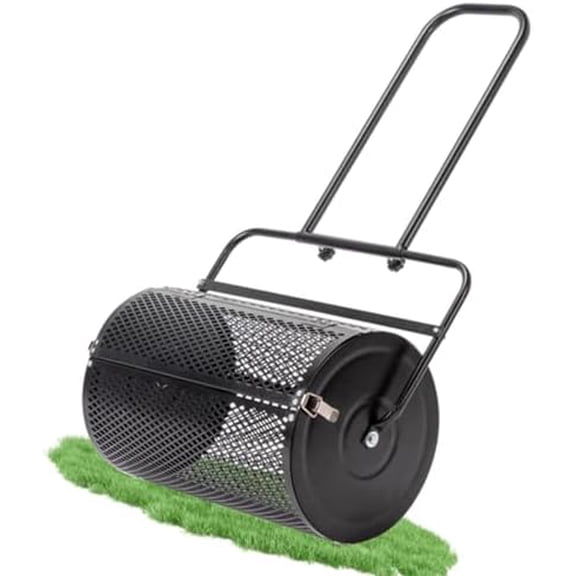 24 inch Compost Spreader for Lawn, Garden Peat Moss Roller with Double Side Latches, Powder Coated Steel Mesh Basket for Topdressing & Seedling, Black$$Garden &