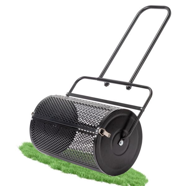24 inch Compost Spreader for Lawn, Garden Peat Moss with Double Side Latches, Powder Coated Steel Mesh Basket for Topdressing & Seedling, Black