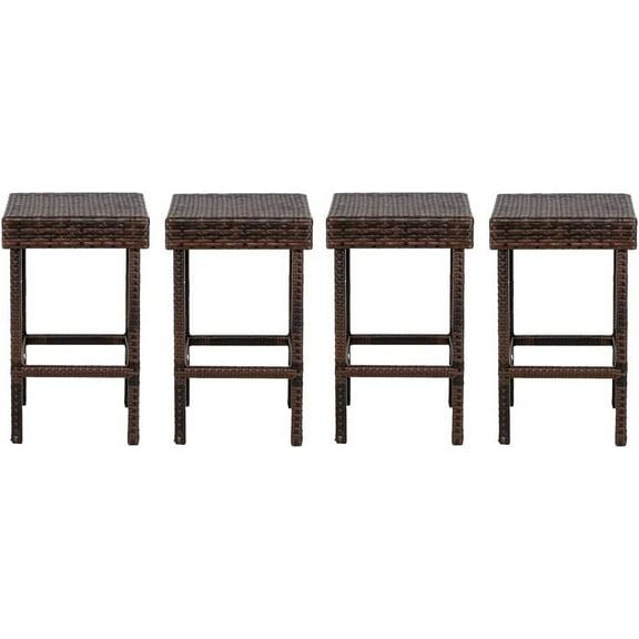 24 inch Counter Height Rattan Wicker Bar Stools Set of 4, Bistro Pub Backless Barstools, Kitchen Dining Room Chairs, Indoor Outdoor Furniture (Brown)