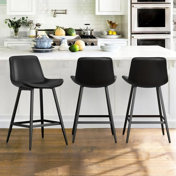 24 inch Counter Stool, Modern Bucket Barstool Set of 3, Barstools with Back and Footrest, Faux Leather Bar Stools for Kitchen Island Restaurants, Black