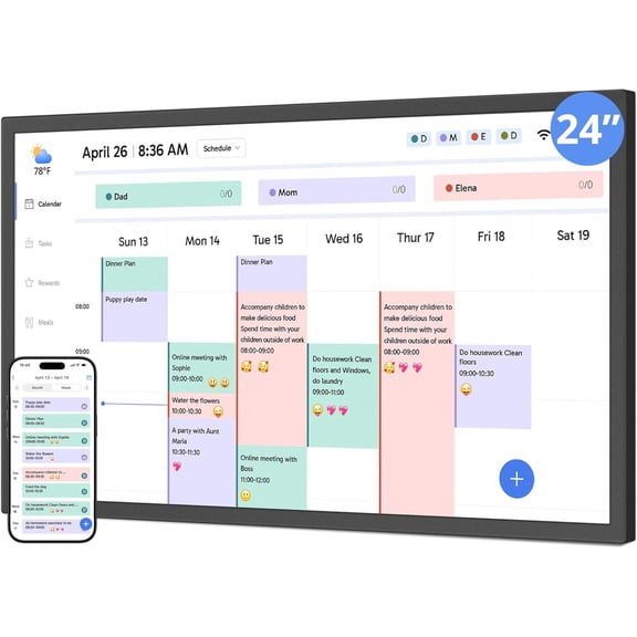 24 inch Digital Calendar Chore Chart – Interactive Touchscreen,Hearth Display Desk Digital Calendar Seamless Scheduling - Black
