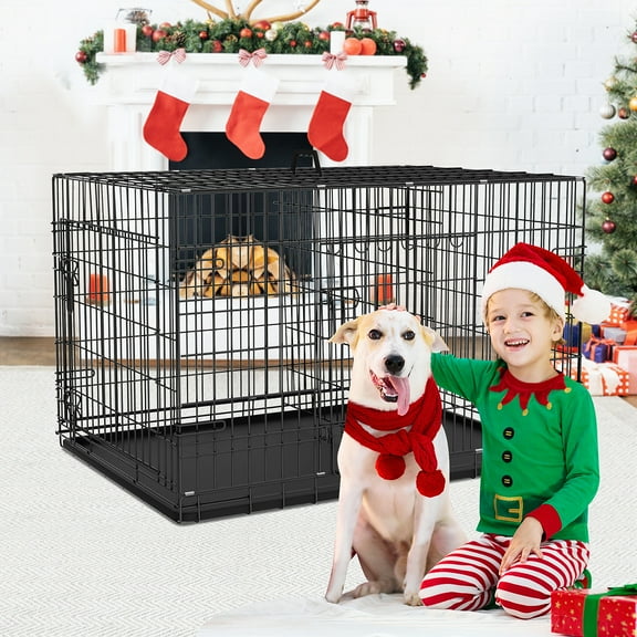 24 inch Dog Crate for Small Dogs Folding Portable Metal Dog Cage Kennel Double Door Pet Crate with Divider and Tray, Black