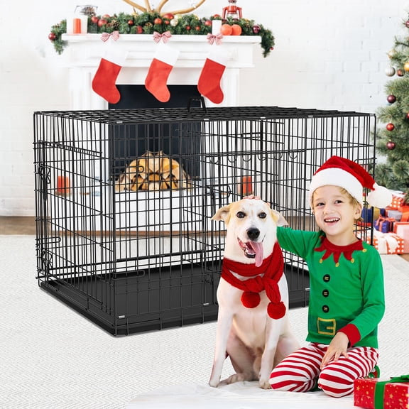 24 inch Dog Crate for Small Dogs Folding Portable Metal Dog Cage Kennel Double Door Pet Crate with Divider and Tray, Black