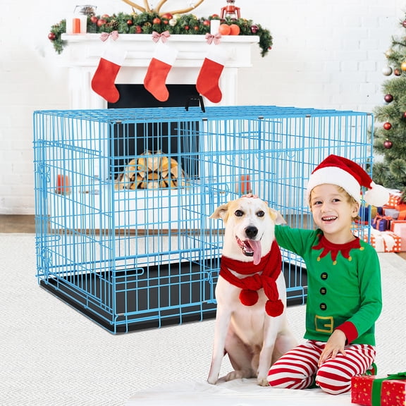24 inch Dog Crate for Small Dogs Folding Portable Metal Dog Cage Kennel Double Door Pet Crate with Divider and Tray, Blue