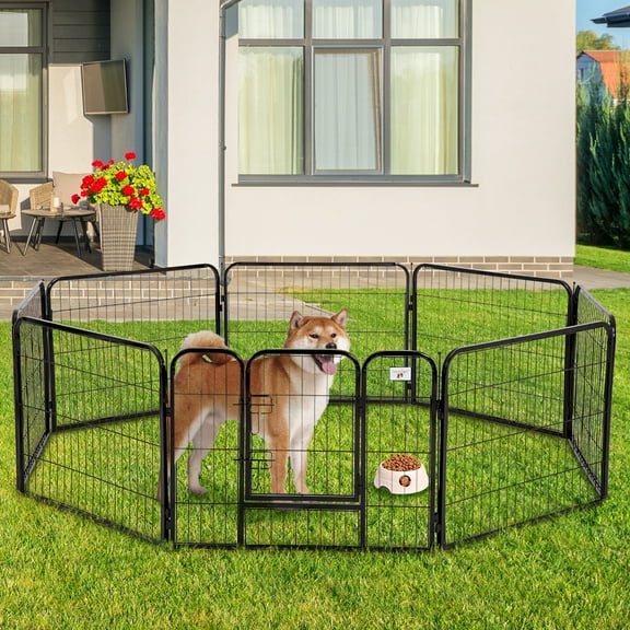 24 inch Dog Fence Outdoor Heavy Duty Pet Dog Playpen for Large Dogs 8 Panel Foldable Dog Exercise Pen with Door，Metal Lock & 8 Stakes for Indoor Outdoor Use