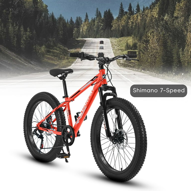 24 inch Fat Tire Bike Shimano 7 Speed Dual Disc Brakes Orange Trail Mountain Bike for Adult Youth