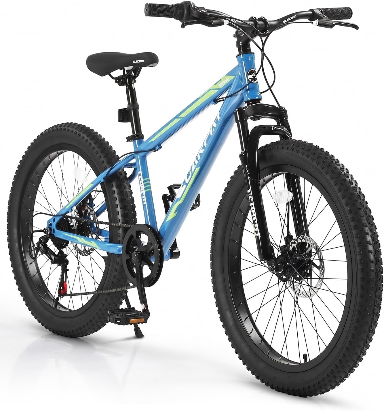 24 inch Fat Tire Mountain Bike, Outdoor Cycling Bike with 7-Speed for Boys Girls, High Carbon Steel Frame, Dual Disc Brake, Wide Tires, Suspension Fork, Anti-Slip Bikes, Blue