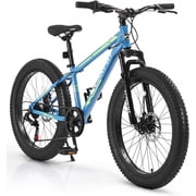 24 inch Fat Tire Mountain Bike, Outdoor Cycling Bike with 7-Speed for Boys Girls, High Carbon Steel Frame, Dual Disc Brake, Wide Tires, Suspension Fork, Anti-Slip Bikes, Blue