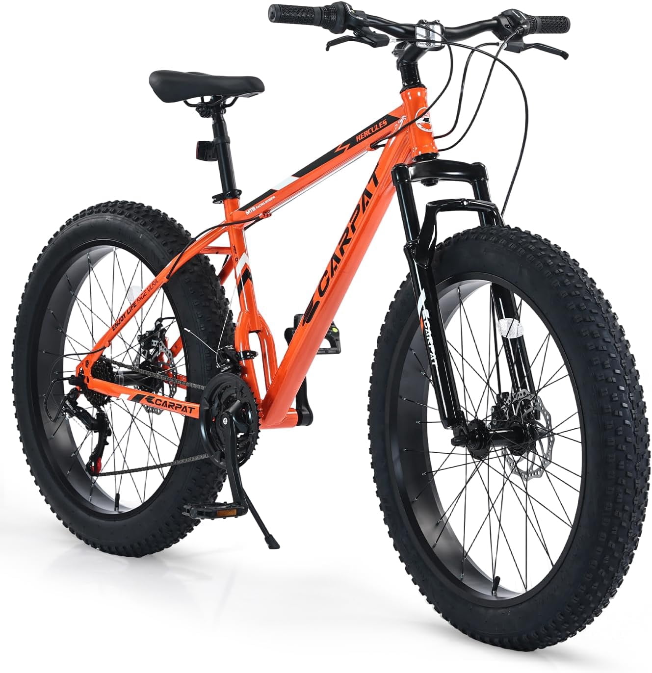 24 inch Fat Tire Mountain Bike, Outdoor Cycling Bike with 7-Speed for Boys Girls, High Carbon Steel Frame, Dual Disc Brake, Wide Tires, Suspension Fork, Anti-Slip Bikes, Orange