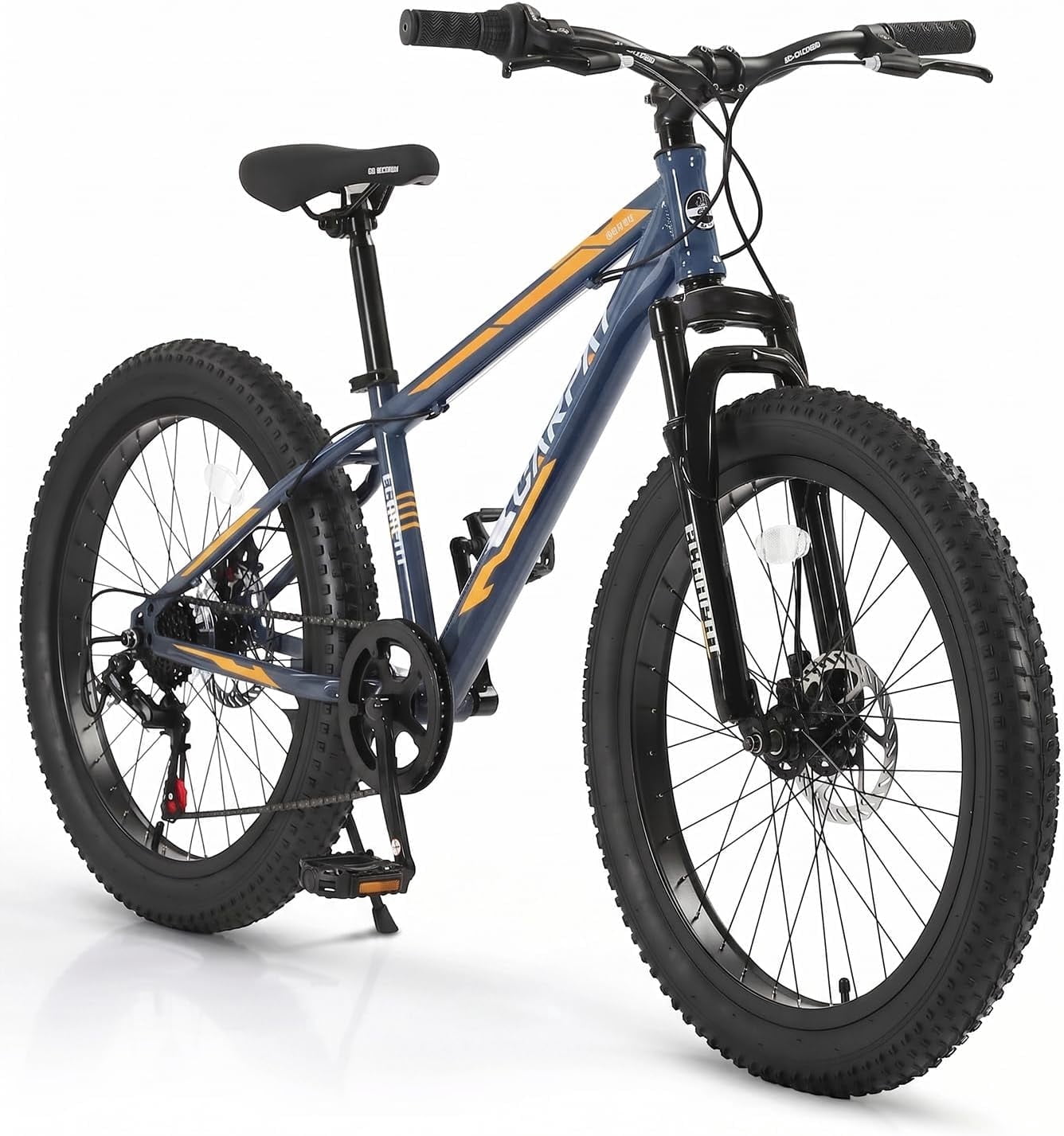 24 inch Fat Tire Mountain Bike, Outdoor Cycling Bike with 7-Speed for Boys Girls, High Carbon Steel Frame, Dual Disc Brake, Wide Tires, Suspension Fork, Anti-Slip Bikes, Gray Blue