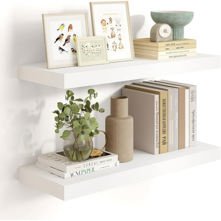 24 inch Floating Shelves for Wall,9.3 inch deep White Wood Shelves with Invisible Brackets,Wall Mounted Storage & Display Shelves for Bedroom,Living Room,Set of 2