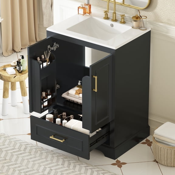 24-inch Freestanding Bathroom Vanity with Ceramic Sink, 2 Soft-Close Doors & Divided Drawer, Dual Door Storage Racks, Solid Wood Frame, Black - Modern Storage for Small Spaces