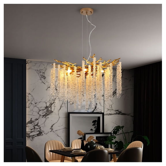 24-inch Golden Crystal Pendant Light, Modern Chandelier for Living Room Dining Room Foyer, Cascading Strands Decorative Lighting Fixture (Bulb Not Included)