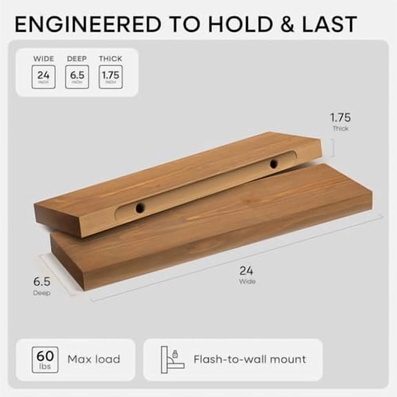 24 inch Golden Oak Floating Shelf, High End Solid Real Wood 24inch Small Floating Shelves for Wall Mounted, Oak Wooden 24in Floating Shelves, Heavy Duty Bracket, 24 X 6.5 X 1.75 in, Set of 3
