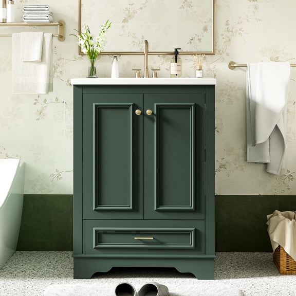 24-inch Green Modern Bathroom Vanity with Adjustable Cabinet Shelves and Ceramic Sink for Personalized Storage