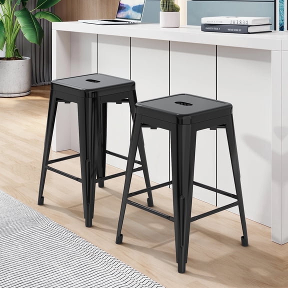 24 Inch Metal Bar Stools Set of 2, Counter Height Backless Stools, Stackable Indoor Outdoor Industrial Bar Stools(Black)