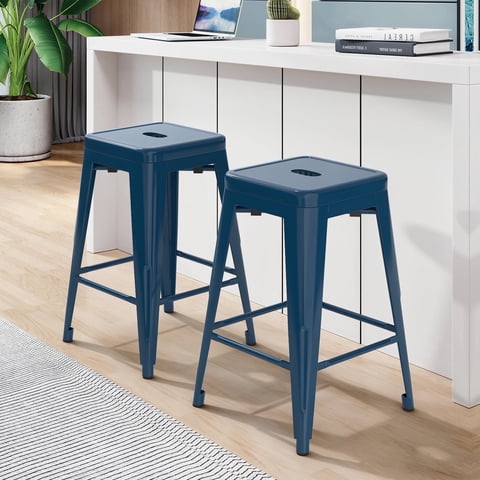 24 Inch Metal Bar Stools Set of 2, Counter Height Backless Stools, Stackable Indoor Outdoor Industrial Bar Stools(Deep Blue)