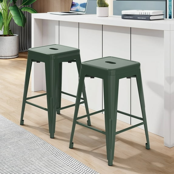24 inch High Barstools Set of 2, Counter Height Metal Bar Stools, Indoor/Outdoor Stackable Bartool Industrial Backless Stools(Deep Green)