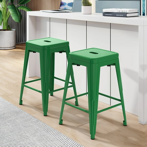24 inch High Barstools Set of 2, Counter Height Metal Bar Stools, Indoor/Outdoor Stackable Bartool Industrial Backless Stools(Green)