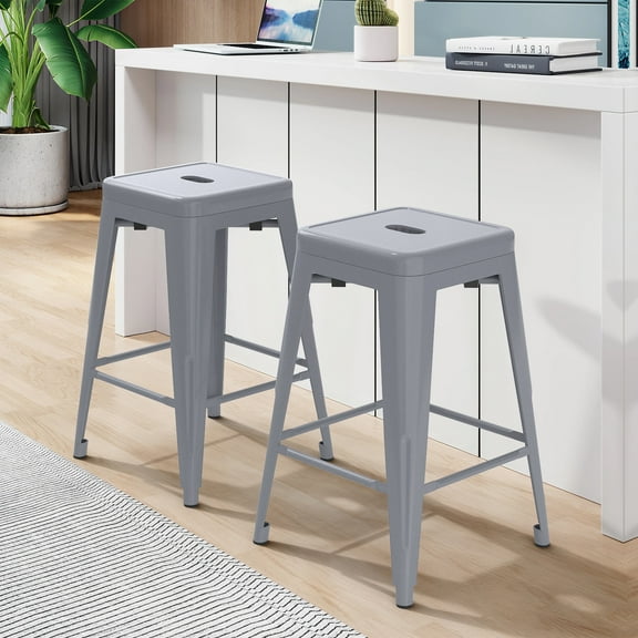 24 inch High Barstools Set of 2, Counter Height Metal Bar Stools, Indoor/Outdoor Stackable Bartool Industrial Backless Stools(Gray)