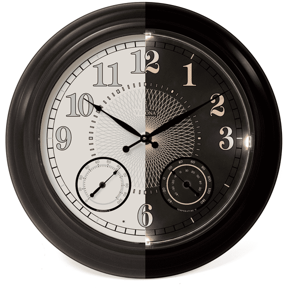 24 inch Illuminated Outdoor Clock for Patio, Waterproof with Thermometer - Large Night Light Wall Clock with Smart LED Sensor, Temperature and Humidity - Weatherproof & Easy to Read for Patio & Home