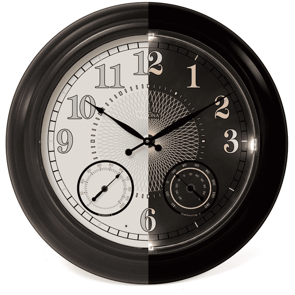 24 inch Illuminated Outdoor Clock for Patio, Waterproof with Thermometer - Large Night Light Wall Clock with Smart LED Sensor, Temperature and Humidity - Weatherproof & Easy to Read for Patio & Home