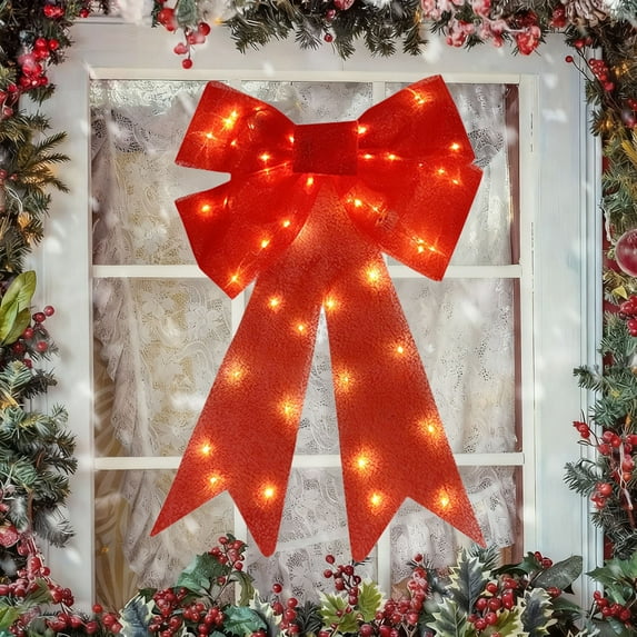 24 inch LED Lighted Hanging Bow - Outdoor/Indoor Christmas Decor, Festive LED Lights, Durable Material, Perfect for Trees, Porches & Parties, Enhances Holiday Glow, 23.22*16.14in, Red