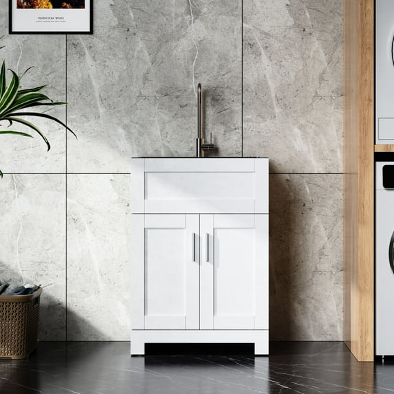 24-inch Laundry Utility Cabinet | All-in-one Set for Laundry Room | Stainless Steel Sink & Eco-friendly MDF | Easy Clean & Drop Resistant