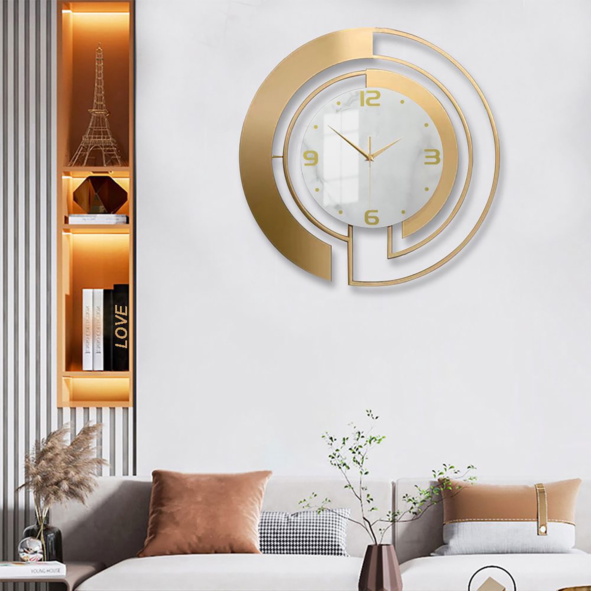 24 inch Luxury Gold & White Metal Wall Clock - Marble Pattern Silent ...
