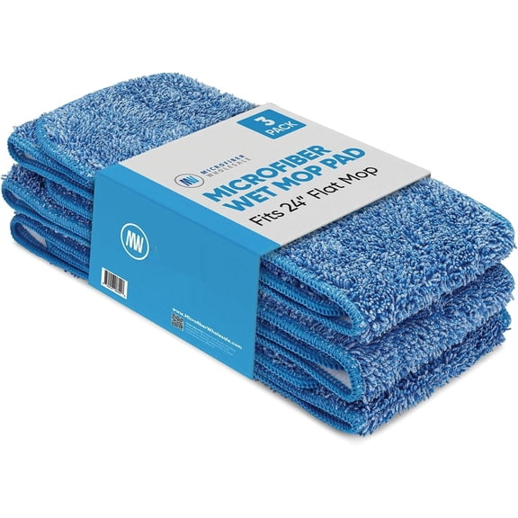 24 inch Microfiber Mop Pads - Machine Washable, Reusable, Refills & Replacement Mop Heads Compatible with Any Microfiber Flat Mop System (3 Pack)