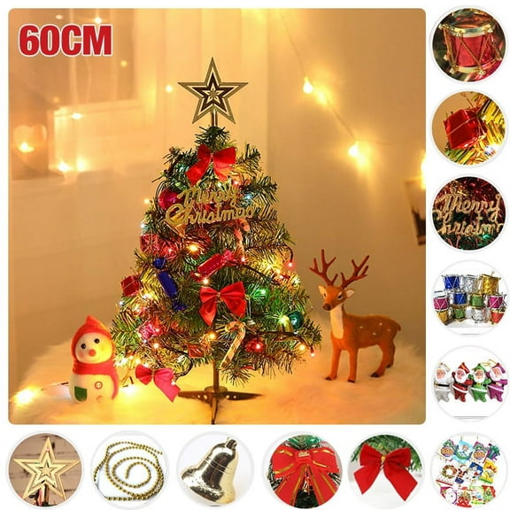 24 inch Mini Artificial Tabletop Christmas Tree with LED String Light Xmas Tree Bells for Christmas Decorations