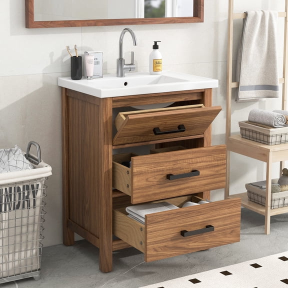 24 - inch Modern Bathroom Vanity with Natural Wood Color / Functional Drawers for Organization