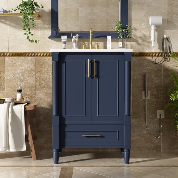 24 inch Modern Blue Bathroom Vanity with Ornate Motif Design & Soft-Close Hinges, Ceramic Sink, Solid Wood Legs, Back Open Structure for Small Spaces