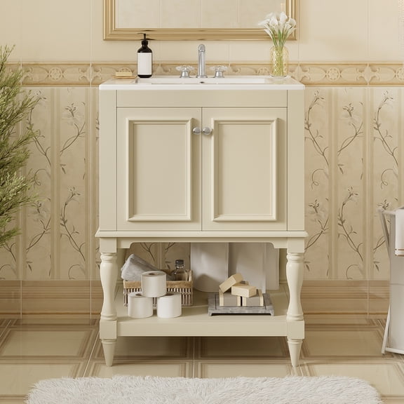 24-inch Modern Classic Bathroom Vanity with Ceramic Sink | Beige Transitional Cabinet with Carved Legs & Storage