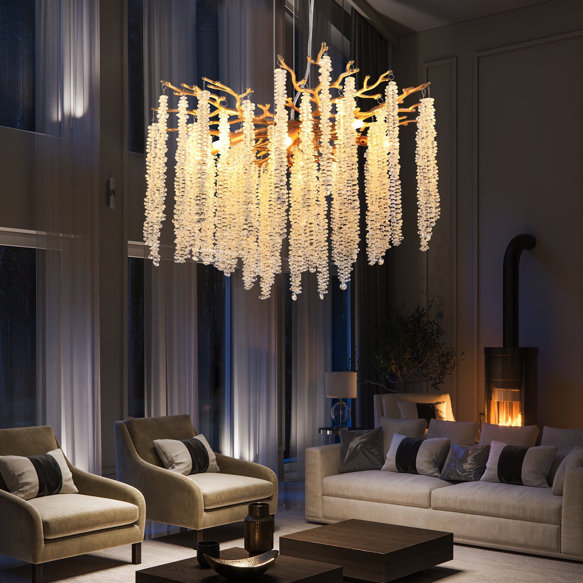Image showcasing 24-inch Modern Golden Pendant Light with Cascading Crystal Strands ...