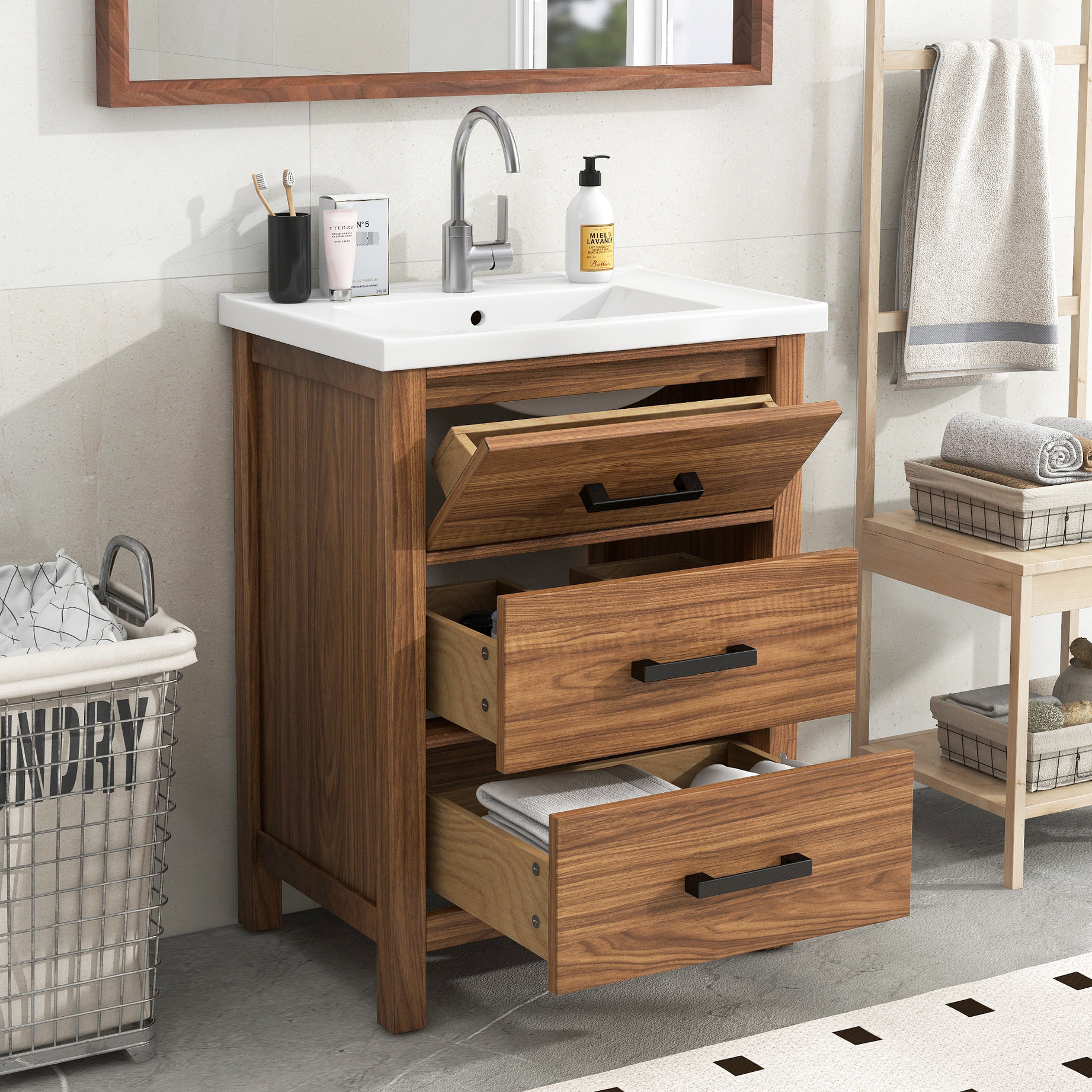 Vanity Object 24 - inch Modern Vanity with Wood Grain / Tip - out Drawer for Small ...