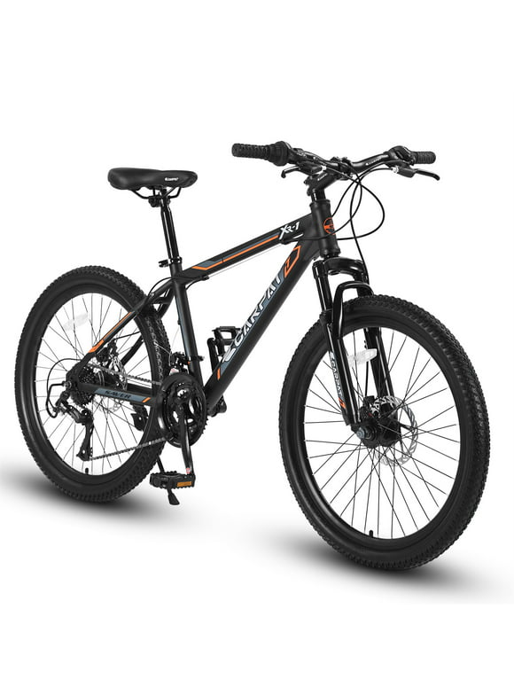 24 inch Mountain Bike Shimano 21 Speed Bicycle, Adult/Youth Front Suspension MTB for Boys Girls, Black