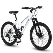 24 inch Mountain Bike for Teenagers Girls Women, Shimano 21 Speeds Gear MTB with Dual Disc Brakes and 100mm Front Suspension,White