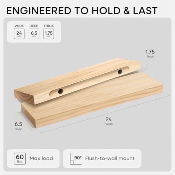 24 inch Natural Floating Shelf, High End Solid Real Wood 24inch Small Floating Shelves for Wall Mounted, Natural Wooden Floating Shelves, Heavy Duty Bracket, 24 X 6.5 X 1.75 in, Set of 2