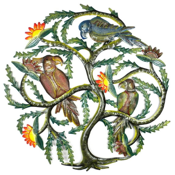 24 inch Painted Tree with Parrots Caribbean Craft