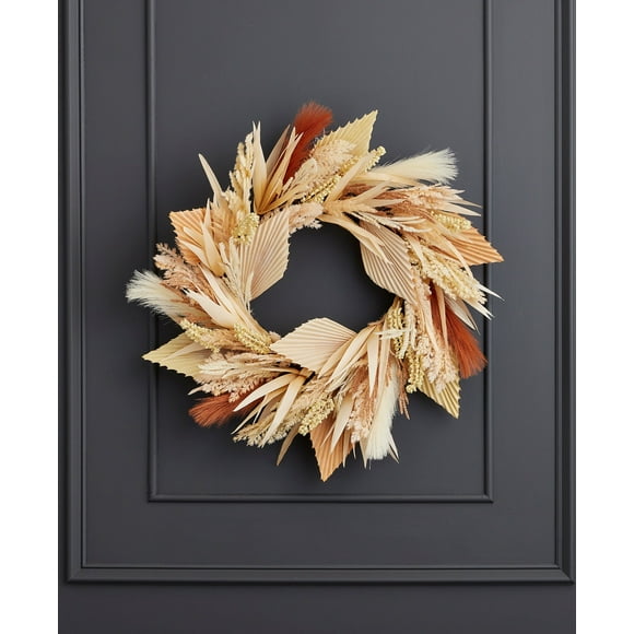24 inch Pampas and Palm Wreath, Artificial Home Décor, Bohemian Style Indoor Decoration, Fall Front Door Display - by Seasonal LLC