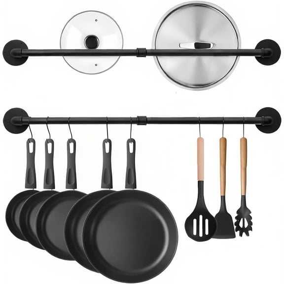 24 inch Pan Rack Wall Mounted Set of 2, Pan Hangers for Kitchen, Industrial Pipe Utensils Hanging Rail Detachable Storage Organizer, Iron Lids Holder with 10 S Hooks