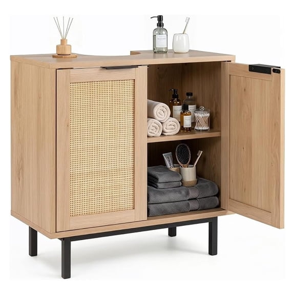24-inch Pedestal Sink Storage Cabinet, Under Sink Cabinet (Natural) | U-Shaped Cut-Out | 2 Rattan Doors & Shelf | Solid Metal Legs