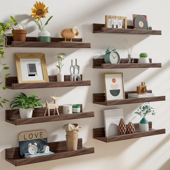 24 inch Picture Ledge Shelf Set of 8 Long Floating Shelves for Wall Walnut with Lip Wall Decor Living Room Bedroom Bookshelf Photo Frames Nursery Book Storage